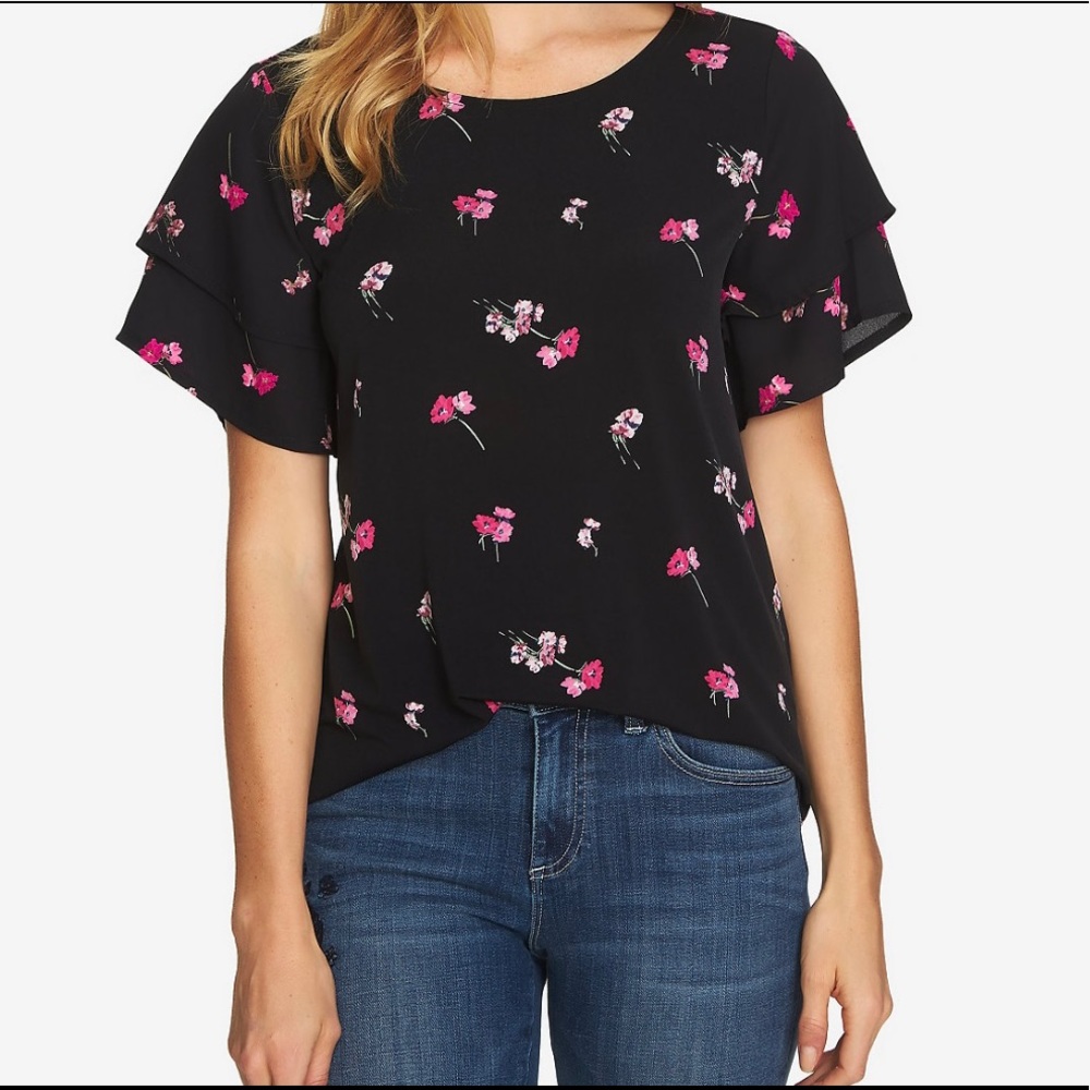 CeCe Floral Tiered Flutter / Ruffle Sleeve Top - Macy’s